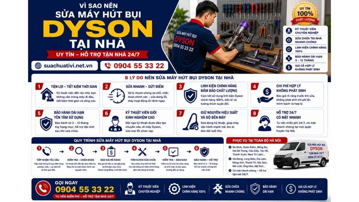 Vì sao nên sửa máy hút bụi Dyson tại nhà suachuativi.net.vn 0904 55 33 22 Uy Tín – Hỗ Trợ Tận Nhà 24/7