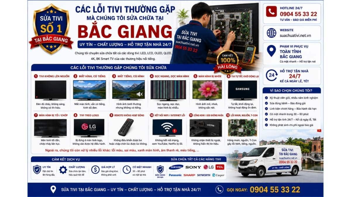 Các Lỗi Tivi Thường Gặp Mà Chúng Tôi Sửa Chữa Tại Bắc Giang Giang suachuativi.net.vn 0904 55 33 22 Uy Tín – Hỗ Trợ Tận Nhà 24/7