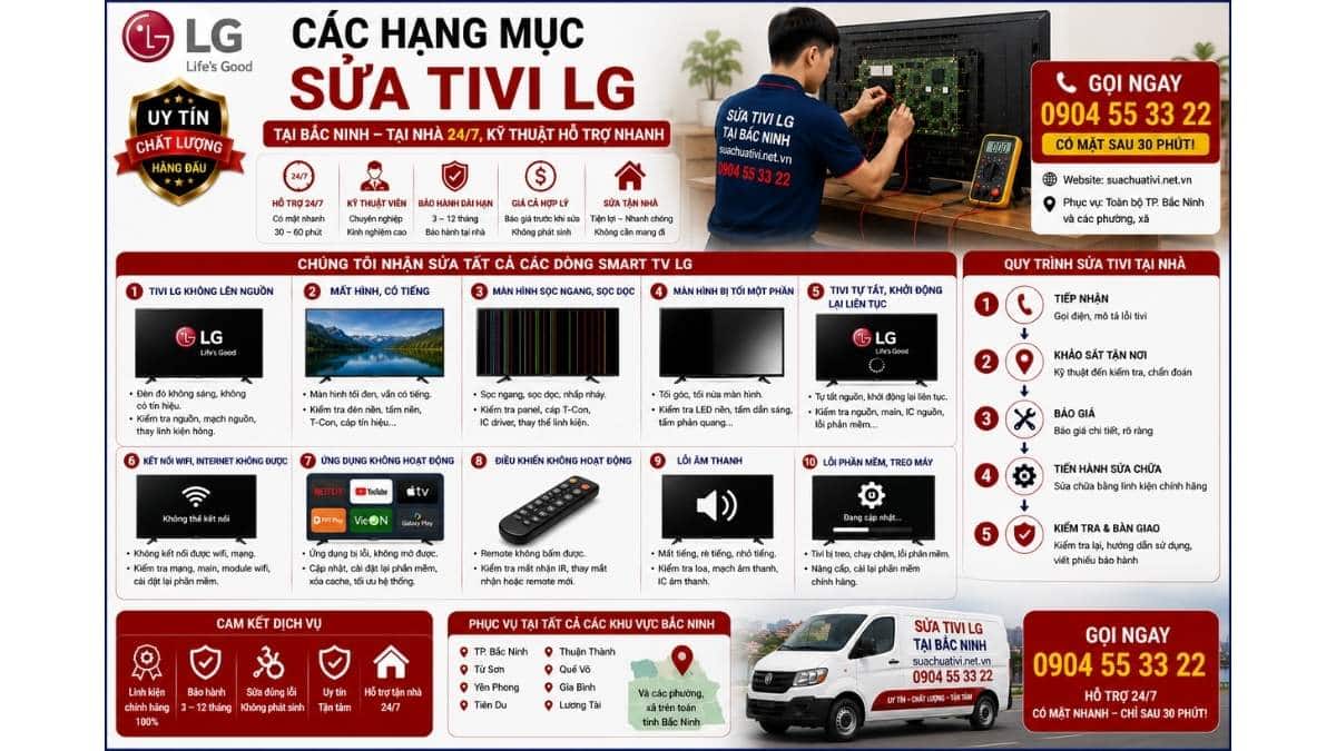 Các Hạng Mục Sửa Tivi LG Tại Bắc Ninh Tại Nhà 24/7, Kỹ Thuật Hỗ Trợ Nhanh suachuativi.net.vn 0904 55 33 22 Uy Tín
